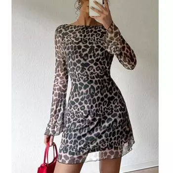 Элегантные платья с длинным рукавом и леопардовым принтом, модные женские платья с вырезом-лодочкой и высокой талией, сексуальное повседневное платье с открытой спиной, летнее винтажное вечернее платье 2686 S серый