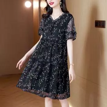 Элегантные платья с принтом «Сломанные цветы», летние стильные платья миди А-силуэта с V-образным вырезом, шнуровкой и бантом, из ткани с фактурой съедобного древесного гриба L чёрный