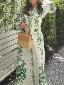 Элегантные платья с зеленым принтом от Frence Chic, женские модные цветочные платья с длинными рукавами и поясом, новый дизайн, нежное платье для отпуска в стиле ретро S зелёный