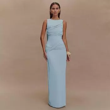 Элегантные плиссированные длинные вечерние платья, сетчатые платья без рукавов и спины с высоким разрезом, летнее женское платье 2025 года, однотонное пляжное платье для отдыха S синий