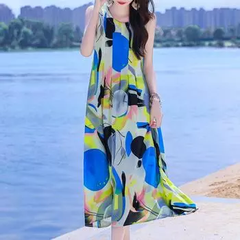 Элегантные пляжные платья без рукавов для женщин, большие размеры, повседневное свободное винтажное длинное платье с принтом, летняя женская одежда XL