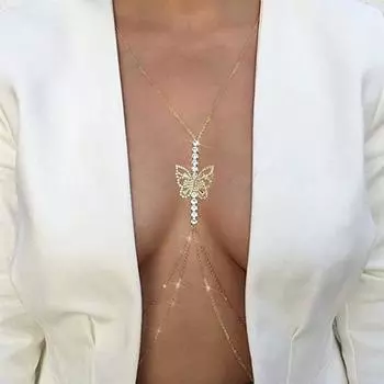 Элегантные поклонники камня большая бабочка блестящий циркон нагрудная цепочка сбруя ювелирные изделия бикини ожерелье для женщин сексуальная цепочка на бюстгальтер цепочка на живот стразы Gold Bra Chain