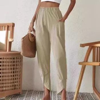 Элегантные повседневные брюки-карандаш из хлопка и льна, весна-осень, новые однотонные брюки больших размеров со свободными карманами, модные офисные брюки 1072 S чёрный