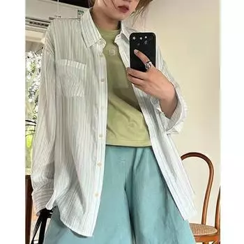 Элегантные повседневные рубашки с длинным рукавом для женщин, солнцезащитные, в стиле ретро, шикарные, в полоску, свободные женские блузки, топы, модные, простые, тонкие, с лацканами, женские рубашки, топы 26118 One Size светло-синий