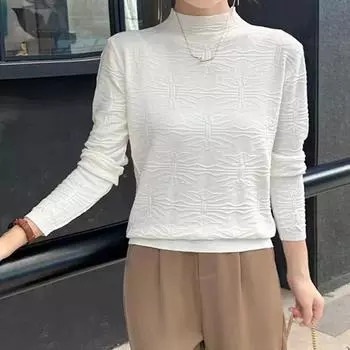 Элегантные повседневные рубашки с полувысоким воротником для женщин, весна и осень, модная свободная блузка, женская жаккардовая модель, винтажные облегающие женские топы 24747 One Size белый