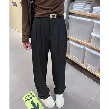 Элегантные повседневные свободные широкие брюки женские новые модные прямые брюки больших размеров женские брюки с высокой талией и карманами простые женские брюки с поясом 2693 S чёрный