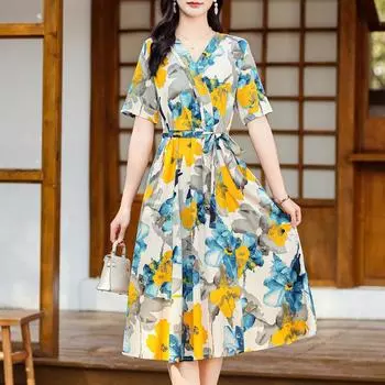 Элегантные повседневные женские платья больших размеров, модные длинные платья с коротким рукавом и винтажным принтом, женская летняя одежда XL