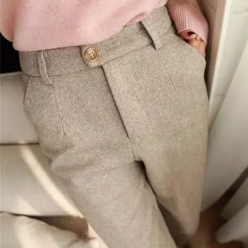 Элегантные повседневные женские шерстяные шаровары весна-осень офисные женские модные длинные брюки с высокой талией однотонные утолщенные женские брюки 24538 S абрикосовый