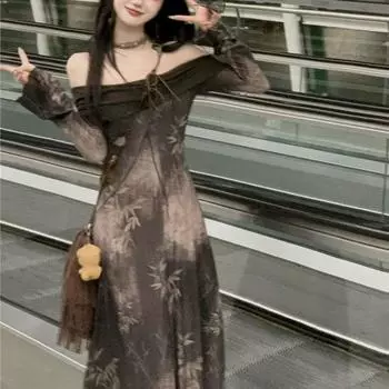 Элегантные повседневные женские винтажные платья с буквами, платье в стиле гранж с вырезом и длинными рукавами, модное милое платье с открытыми плечами Y2k Vestido De Mujer S коричневый