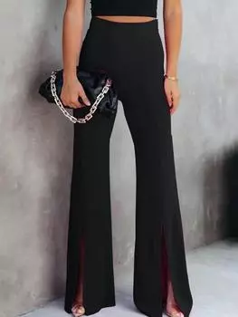 Элегантные расклешенные женские брюки с разрезом, весна 2023, офисные женские однотонные тонкие женские брюки, повседневные облегающие женские брюки с высокой эластичной резинкой на талии S чёрный