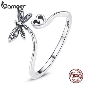 Элегантные регулируемые кольца BAMOER из стерлингового серебра 925 пробы со стрекозой и любовью для женщин, ювелирные украшения 925 silver