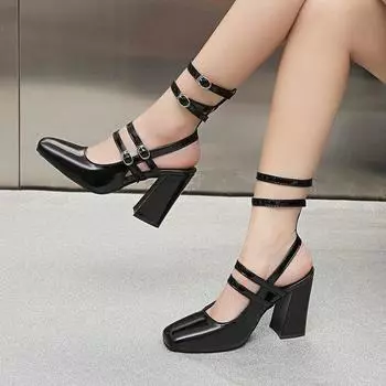 Элегантные ретро туфли Мэри Джейн женские новые босоножки на толстом каблуке классические босоножки на высоком каблуке с пряжкой на щиколотке женские босоножки с квадратным носком 3.5 чёрный