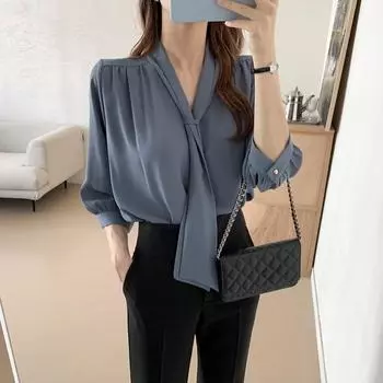 Элегантные рубашки из шифона с рукавом три четверти, новые весенне-осенние свободные простые офисные женские блузки с V-образным вырезом и воротником-стойкой, плиссированные однотонные верхние одежды 1998 г. One Size слоновая кость