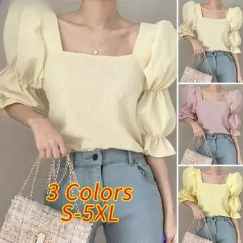 Элегантные рубашки, женская модная однотонная блузка, лето 2024, пляжные топы, повседневная свободная блузка с пышными рукавами, большие блузки S бежевый