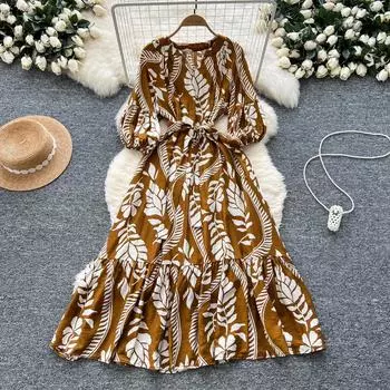Элегантные рукава-фонарики с винтажным V-образным вырезом, шикарный принт, облегающие платья трапециевидной формы, длинные платья, вечерние платья для французского стиля, осенняя одежда One Size кофейный