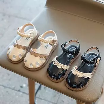 Элегантные сандалии принцессы с бантом и цветочным узором для маленьких девочек, сандалии 21 чёрный
