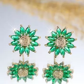 Элегантные серьги-гвоздики с зеленым кристаллом в виде подсолнуха для женщин и девочек, роскошные серьги золотого цвета, украшения для вечеринок синий/золотой
