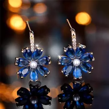 Элегантные серьги-гвоздики в стиле бохо с синим цирконием и цветком для женщин, модные золотые свадебные серьги-ювелирные изделия синий/золотой