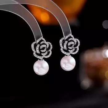 Элегантные серьги-игл из серебра 925 пробы с темперой, серьги с черной розой, серьги с трехмерным жемчугом камелии и цирконием золотой