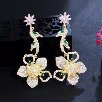 Элегантные серьги-капли CMM с желтыми кубическими циркоями и длинными цветками и листьями золотой