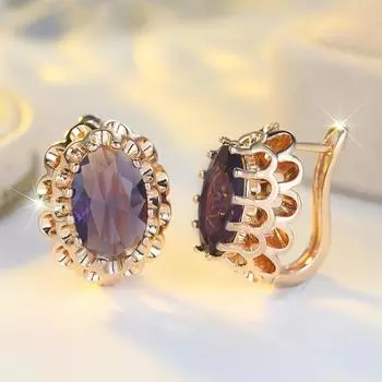 Элегантные серьги-капли с фиолетовым цирконом овальной огранки для женщин, роскошные, золотистого цвета, свадебные, для вечеринки, подарки фиолетовый/золотой