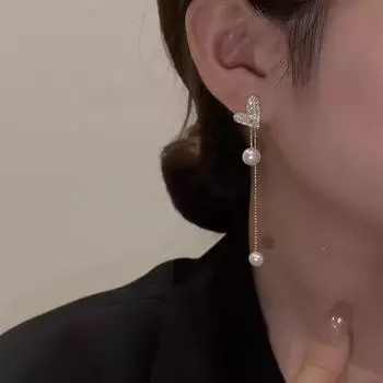 Элегантные серьги-кисточки с жемчугом для женщин - Коллекция Love с серебряными иглами Heart Pearl Tassel Earrings