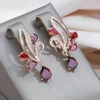 Элегантные серьги-подвески из красного циркония с цветком для женщин, роскошные золотые свадебные серьги, ювелирные изделия для помолвки золотой/красный