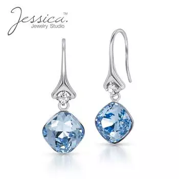 Элегантные серьги-подвески из твердого серебра 925 пробы с австрийским кристаллом и аквамарином