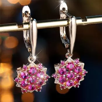 Элегантные серьги-подвески с цветком из розового красного циркония для женщин, винтажные украшения золотого цвета для свадебной вечеринки, повседневной носки розы красного/золотой