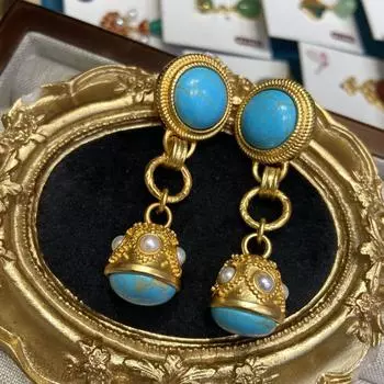 Элегантные серьги-подвески с жемчугом в стиле ретро, серьги из бирюзы, серьги из настоящего золота с медным покрытием.