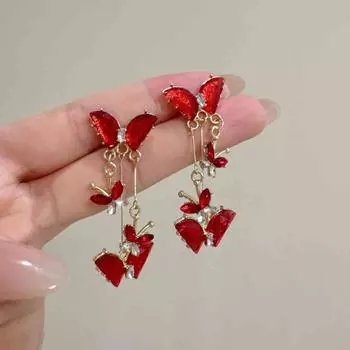 Элегантные серьги-подвески в виде бабочек из красного циркония для женщин, темпераментные милые металлические серьги-бантики, модные ювелирные изделия для девочек, аксессуары красный