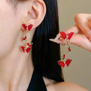 Элегантные серьги-подвески в виде бабочек из красного циркония для женщин, темпераментные милые металлические серьги-бантики, модные ювелирные изделия для девочек, аксессуары аэро