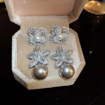 «Элегантные серьги с цветами из циркония и жемчугом — французская легкая роскошь для женщин» 1 piece серебряный