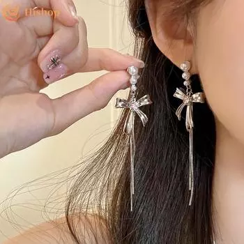 Элегантные серьги с кисточками и бантом для женщин, серьги с розовыми кристаллами, гипоаллергенные аксессуары, ювелирные изделия 1