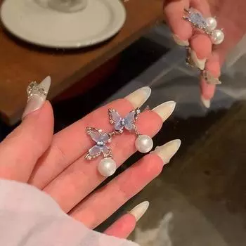 Элегантные серьги с синим жемчугом-бабочкой — модный стиль класса люкс A1829 серебряный