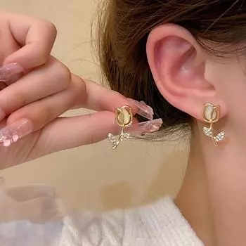 Элегантные серьги-тюльпаны из серебра 925 пробы с кошачьим глазом и бриллиантами для женщин золотой