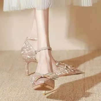 Элегантные серебристые туфли на высоком каблуке, женские, осенние, большого размера 42, с ремешками на щиколотке, женские, с острым носком, свадебные туфли с бантом 34
