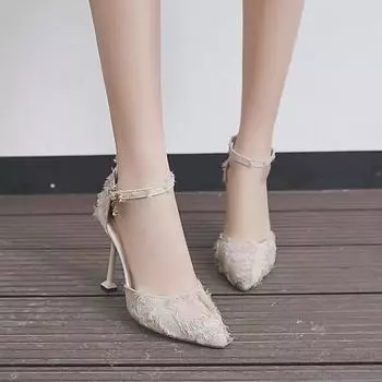 Элегантные серебристые туфли на высоком каблуке женские туфли-лодочки осень 2025 года с ремешками на щиколотке и праздничными туфлями женские свадебные туфли с острым носком и бантом 34 бежевый