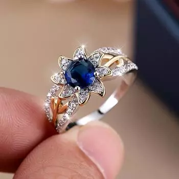 Элегантные серебряные золотые кольца с подсолнухами для женщин, круглое кольцо с синим цирконием, модные свадебные украшения 6 золотой/синий