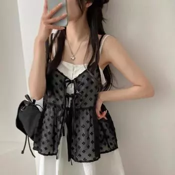 Элегантные сетчатые топы с французским кружевом, женские летние модные многослойные свободные газовые майки, корейская винтажная верхняя одежда, майки 2024 года, новинка M белый