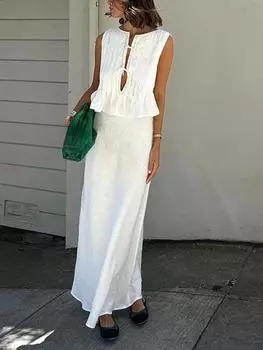 Элегантные сексуальные лоскутные белые комплекты из двух предметов, женские однотонные топы на шнуровке + длинная юбка трапециевидной формы, женские модные уличные костюмы Y2k, тонкие костюмы для вечеринок S белый