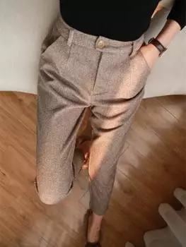 Элегантные шерстяные брюки женские шаровары узкие брюки осень-зима с высокой талией повседневные брюки для офиса леди узкие брюки S серый