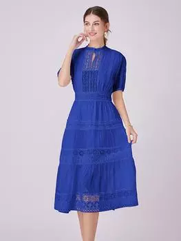 Элегантные синие однотонные платья миди, женское простое летнее кружевное лоскутное платье с короткими рукавами, праздничное платье M абрикосовый
