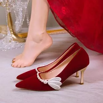 Элегантные свадебные туфли на тонком каблуке с крыльями, женские туфли на высоком каблуке с острым носком и жемчугом, женские модные дизайнерские туфли-лодочки с завязками и бусинами 40
