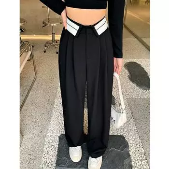 Элегантные свободные женские прямые широкие брюки, модные повседневные облегающие офисные женские брюки с высокой талией и простыми карманами, женские длинные капри 2341 S чёрный