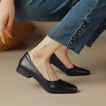 Элегантные темпераментные остроносые туфли на плоской подошве из натуральной кожи, весна 2025, женские туфли на низком среднем каблуке, простые рабочие туфли для поездок на работу 34