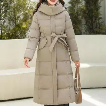 Элегантные теплые длинные пальто для женщин, парки с поясом, модные свободные толстые пальто, женские куртки с капюшоном L чёрный