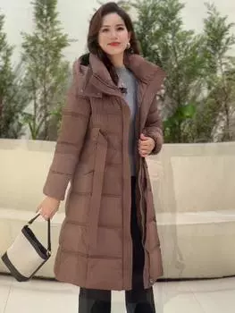 Элегантные теплые длинные пальто для женщин, парки с поясом, модные свободные толстые пальто, женские куртки с капюшоном L хаки