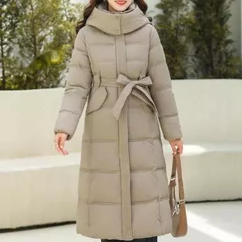 Элегантные теплые длинные пальто для женщин, парки с поясом, модные свободные толстые пальто, женские куртки с капюшоном L хаки