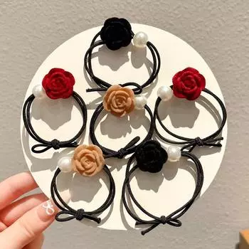Элегантные тканевые резинки для волос с розами, тканевые резинки для волос для хвостиков, французские цветочные жгуты для волос для женщин, милые индивидуальные аксессуары для волос 1PCS чёрный